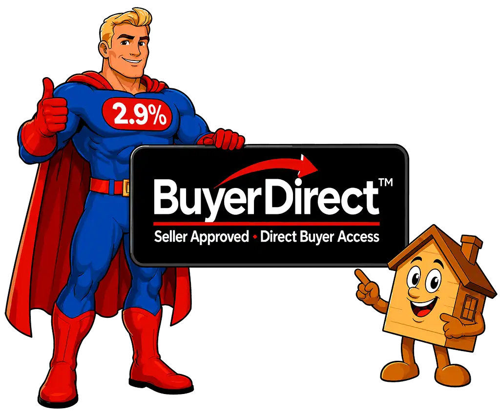 Illustration of the Equity and Razor characters holding the BuyerDirect sign.
