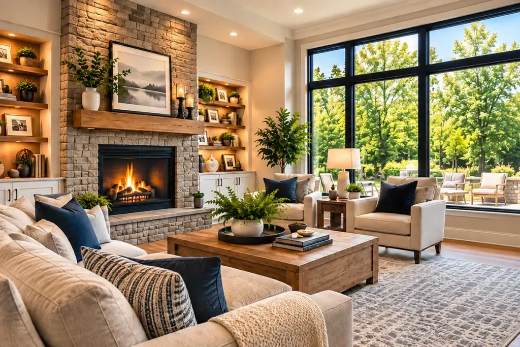 living room with large windows in a home for sale.